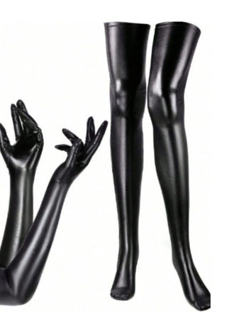 Ensemble de gants et de chaussettes hautes en cuir PU noir pour Halloween
