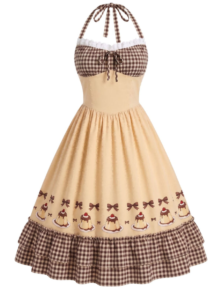 [Prévente] Robe volants et nœud caramel motif vichy et encolure dos nu années 1950
