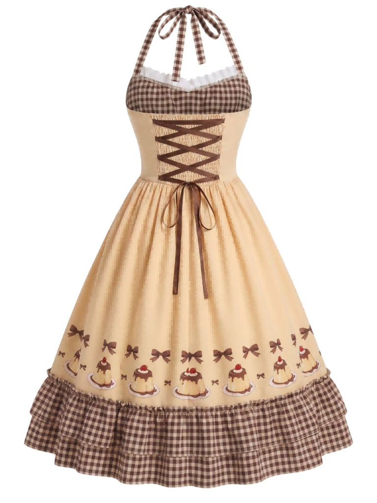 [Prévente] Robe volants et nœud caramel motif vichy et encolure dos nu années 1950