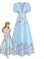 Robe longue bleu clair motif floral aquarelle et manches bouffantes années 50