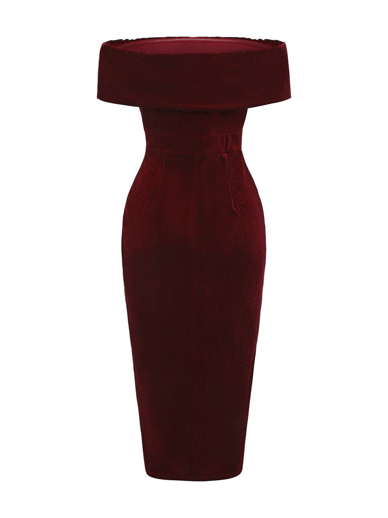 Robe mi-longue à épaules dénudées en velours uni des années 1980