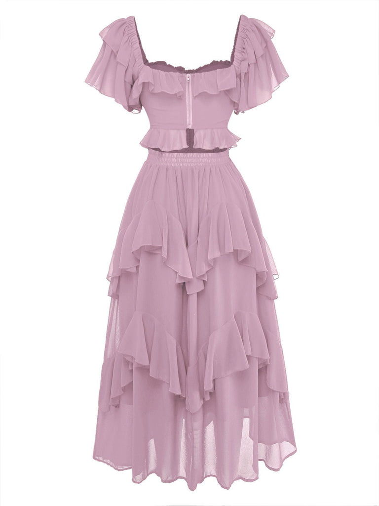 Robe longue à volants et épaules dénudées années 1950