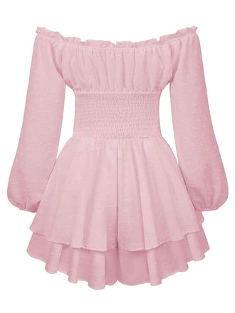 Robe courte unie épaules nues manches longues froncées 1950s