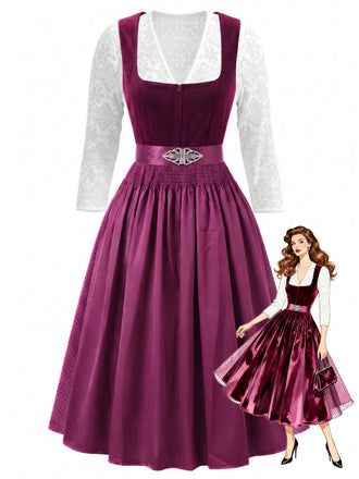 Robe à Col Carré en Velours à Pois et Tablier et Top en Dentelle Prune Années 1950