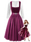 Robe velours prune pois encolure carrée et tablier et haut en dentelle années 50