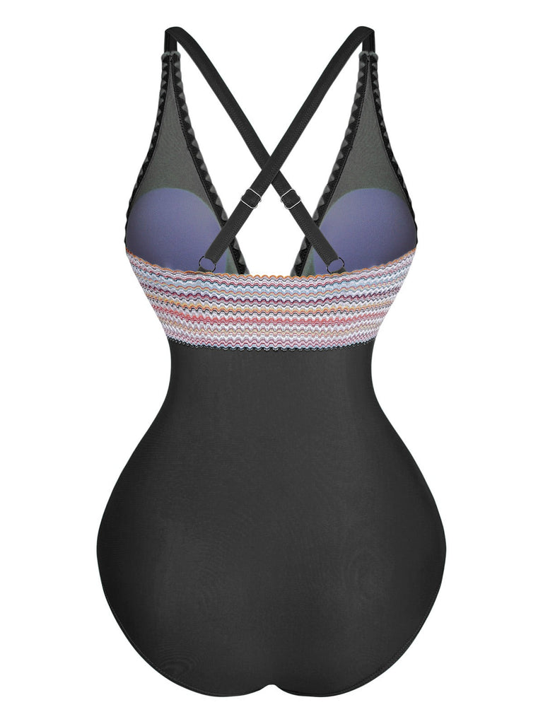 Maillot De Bain Une Pièce Col V Profond Ondulé Patchwork Année 1940