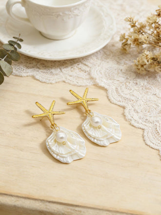 Boucles d'oreilles pendantes en coquillage d'étoile de mer doré perle
