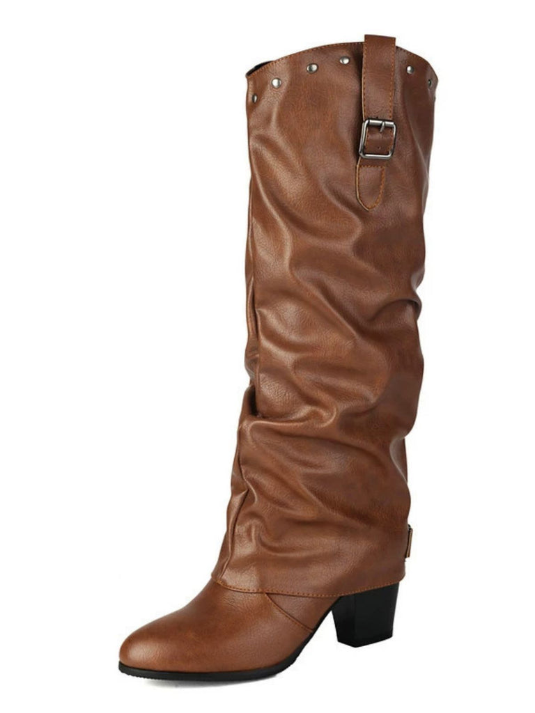 Bottes mi-mollet vintage à boucle cloutée