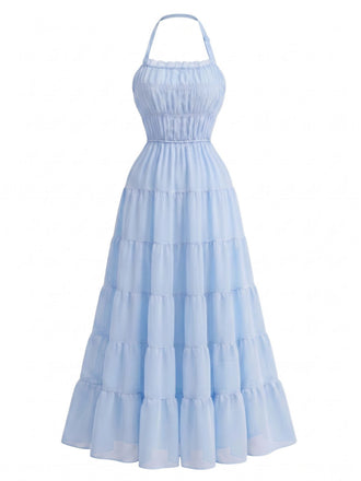 Robe Maxi à Étages Dos-Nu en Mousseline Froncée Années 70