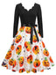 Robe encolure pétales forme d'étoile et motif citrouilles d'Halloween années 1950