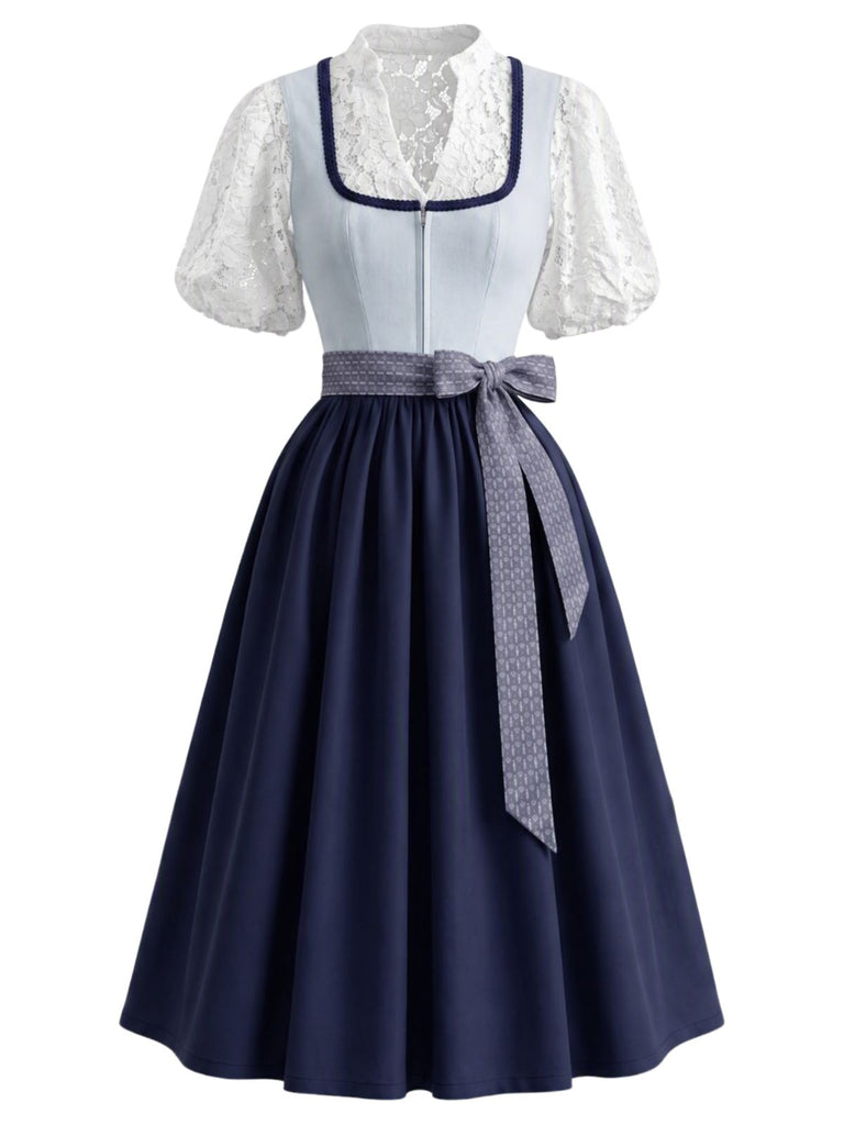 Ensemble 2PCS bleu avec robe florale à col carré, tablier et top court Années 1950