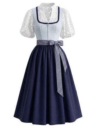 Ensemble 2PCS bleu avec robe florale à col carré, tablier et top court Années 1950