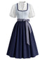 2PCS Robe bleue fleurs encolure carrée tablier et haut court années 50