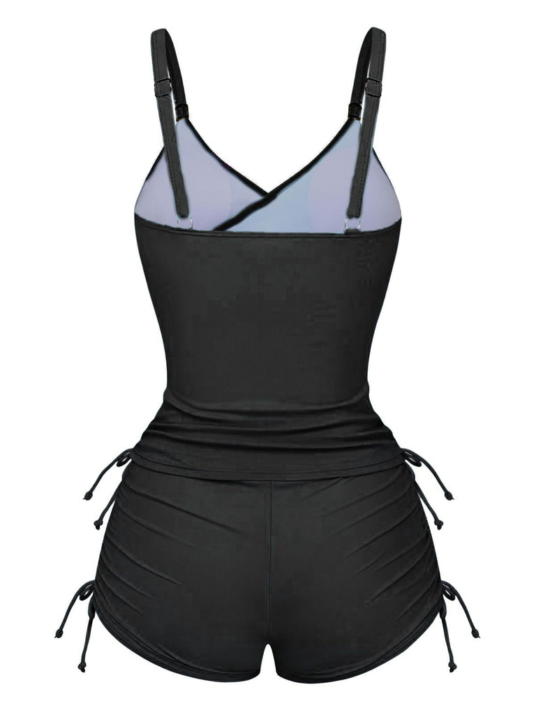 Ensemble tankini à lacets uni à motif floral années 1950