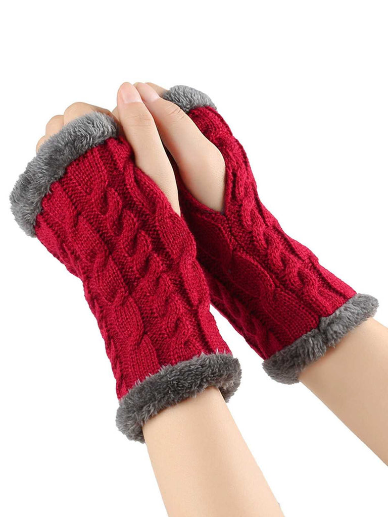 Gants d'hiver tricotés sans doigts avec bordure en fausse fourrure