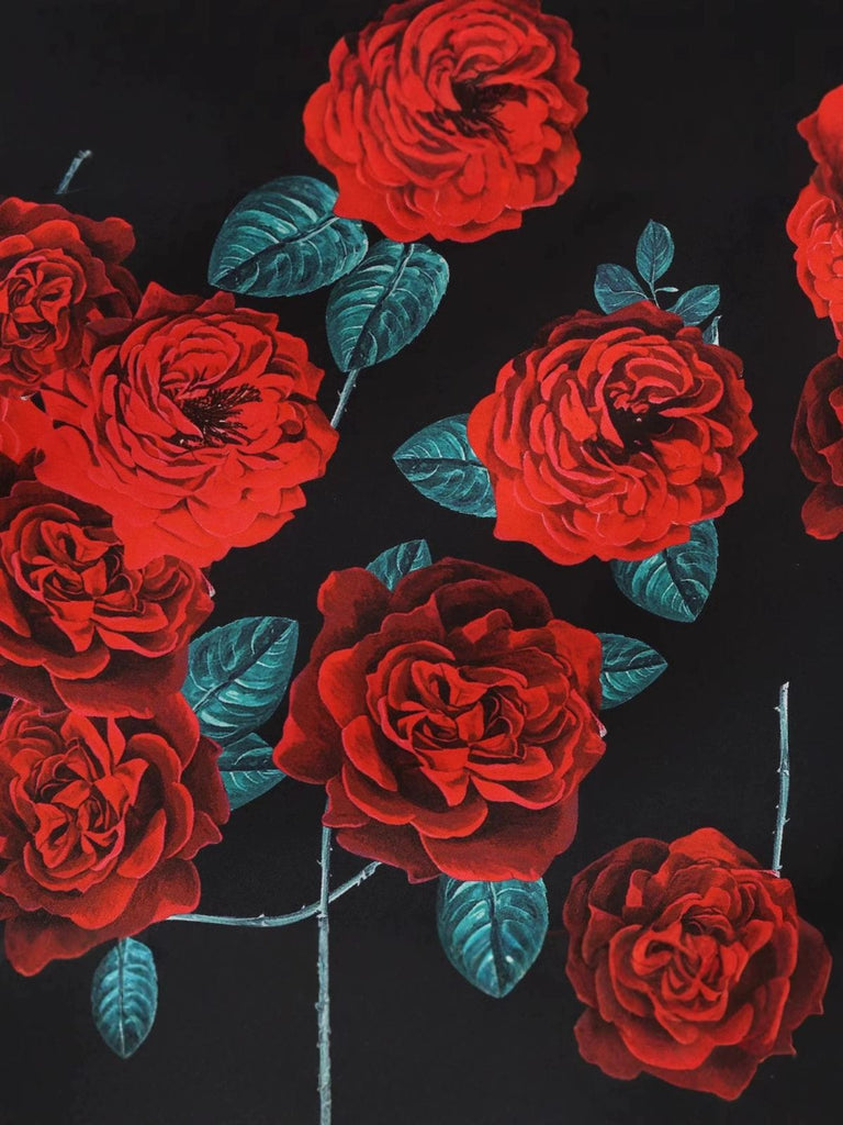 Robe dos nu patchwork col rond et nœud roses rouges des années 1950
