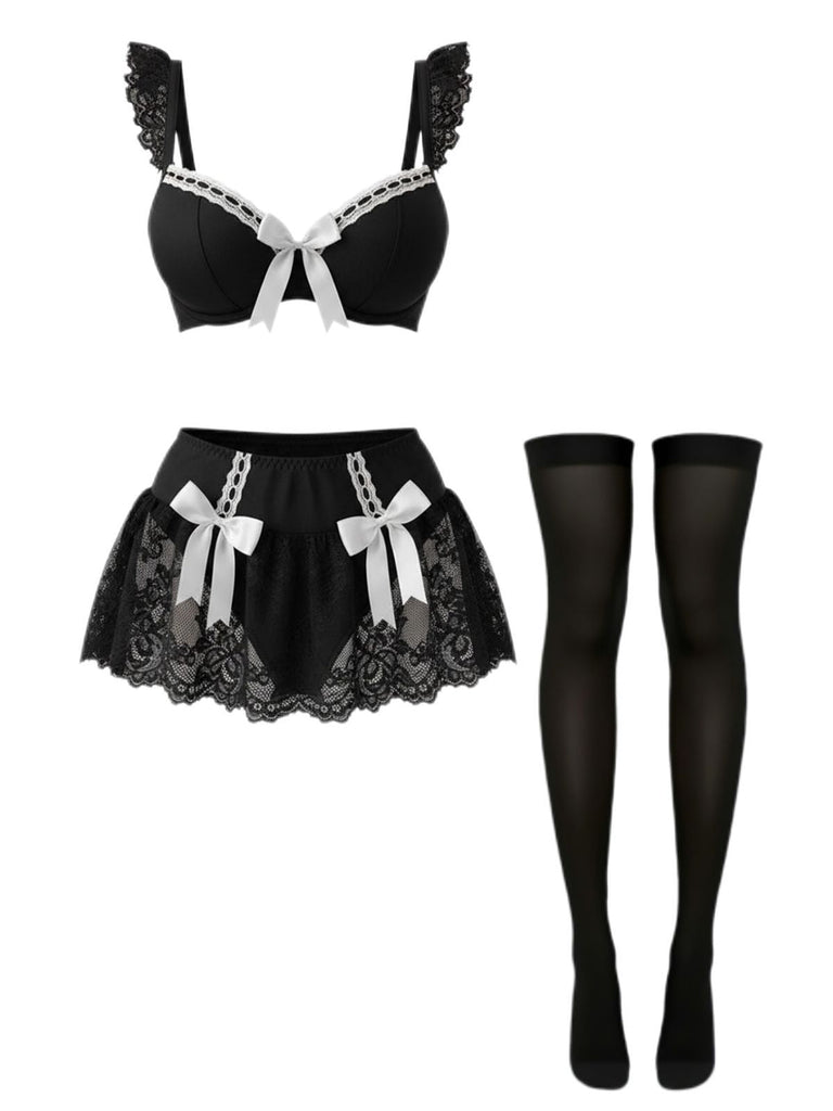 Ensemble de vêtements d'intérieur de soubrette nœud en dentelle années 1980