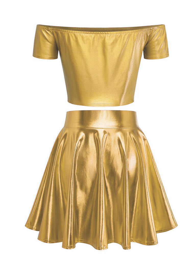 2PCS Haut disco métallisé à épaules dénudées et jupe plissée années 70