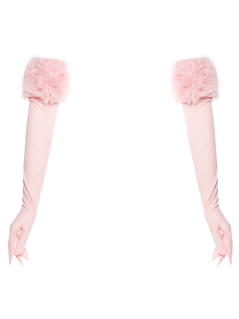 Gants longs roses à bordure en fausse fourrure