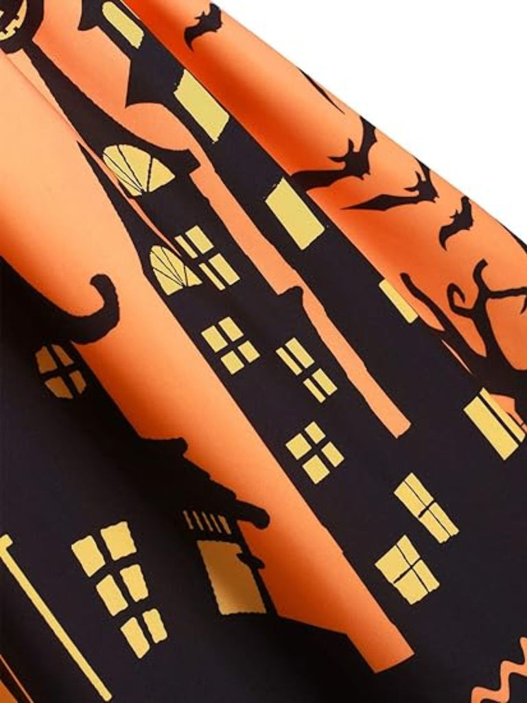 [Prévente] Robe d'Halloween rayée à imprimé citrouille et maison hantée années 1950