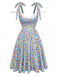 Robe Courte Bleue Marguerites Col V Fente Années 1960
