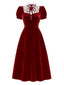 [Prévente] Robe rouge en velours et dentelle à manches bouffantes années 1940