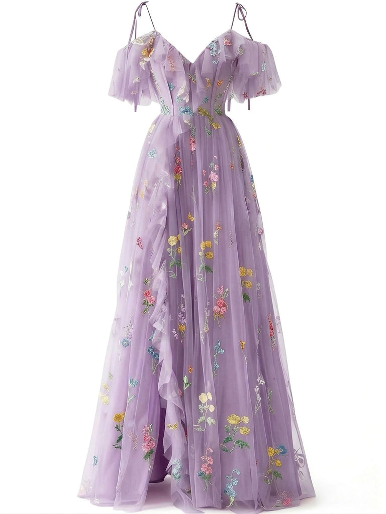 [Prévente] Robe fendue tulle fleurs rose 1970s