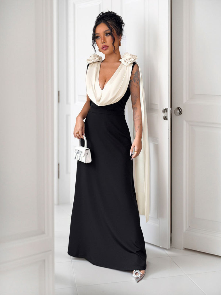 Robe cape roses 3D à col en V colorblock années 1930