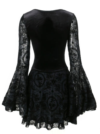 Robe noire floquée à lacets gothique des années 1960