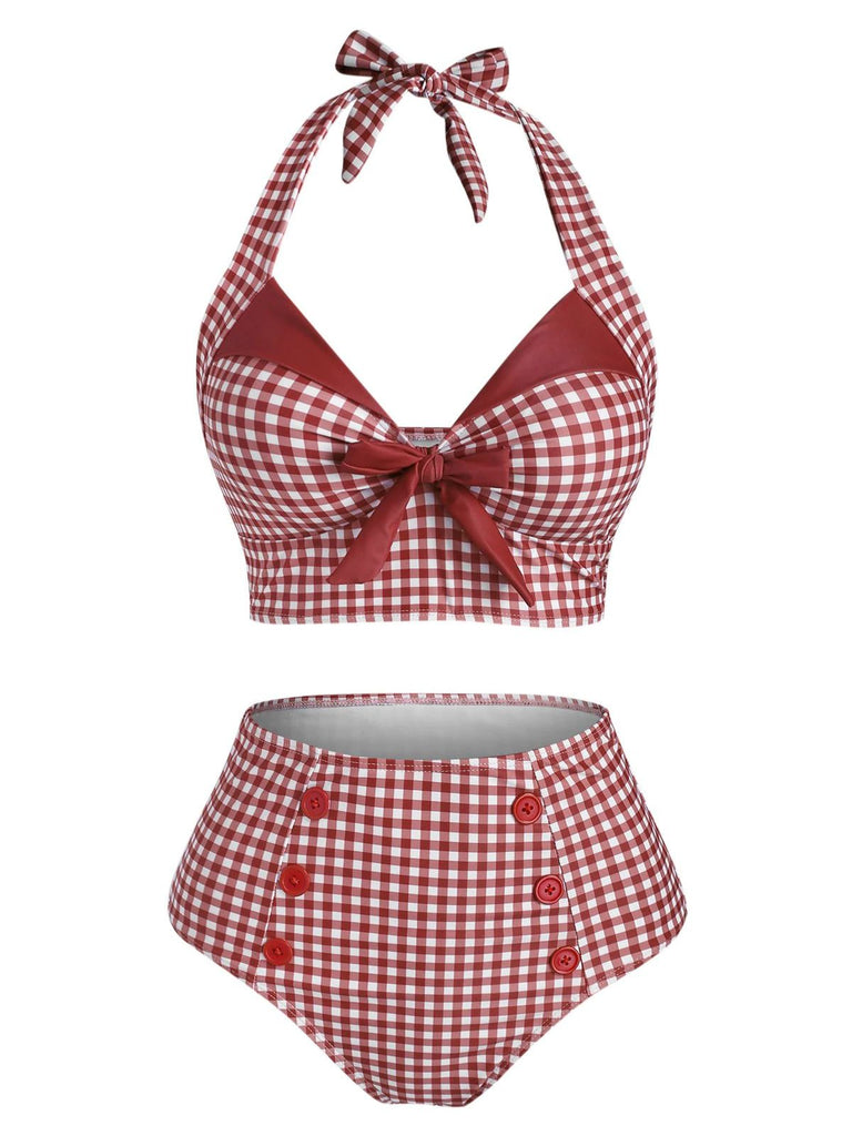 [Prévente] Maillot de Bain à Col Licou Verte Clair à Carreaux des années 1950