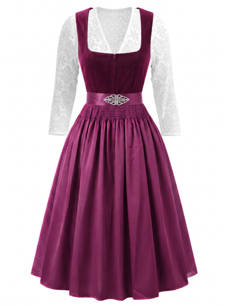 Robe à Col Carré en Velours à Pois et Tablier et Top en Dentelle Prune Années 1950