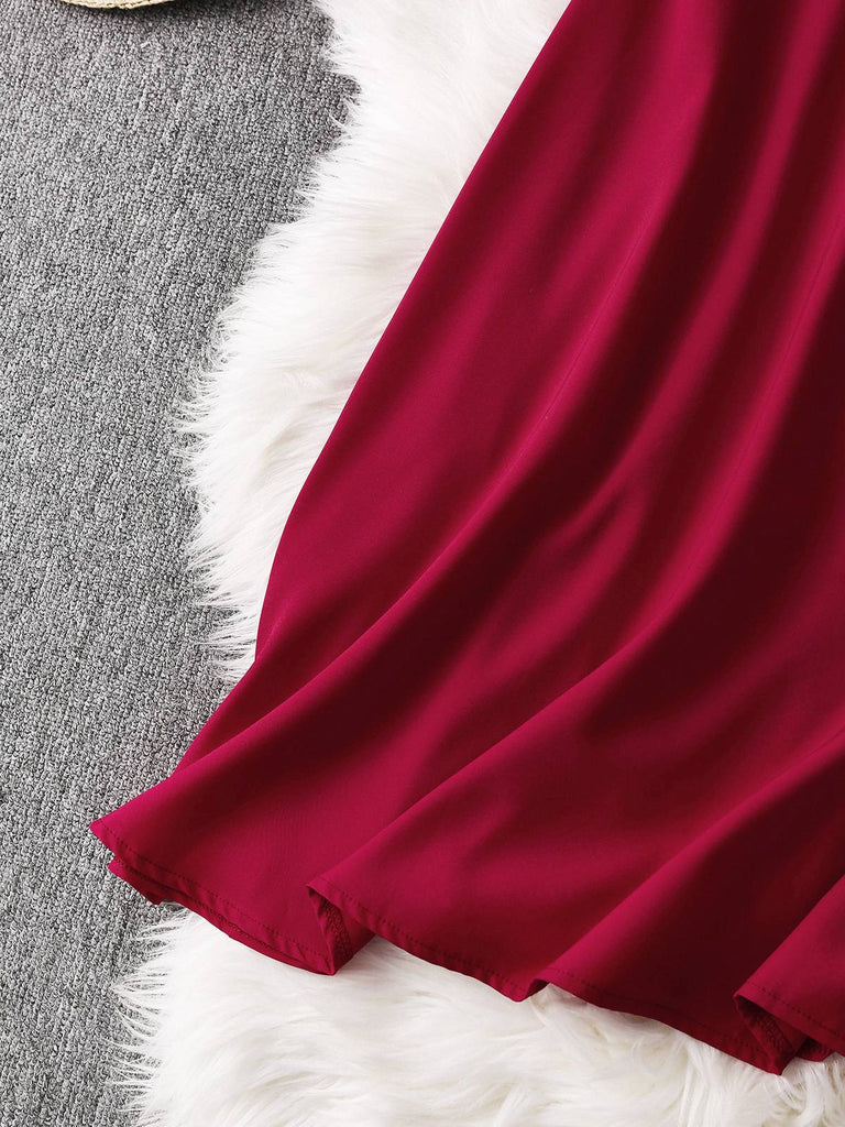 Robe trapèze col revers sauvage rouge en dentelle florale des années 1950