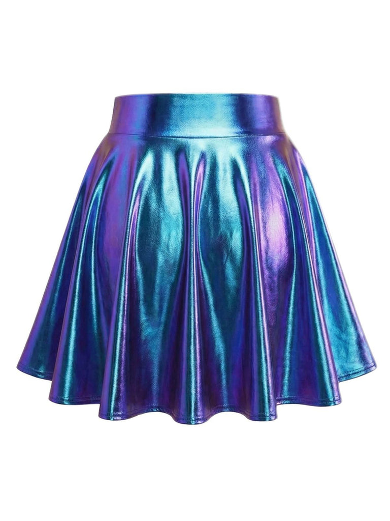 2PCS Haut disco métallisé à épaules dénudées et jupe plissée années 70