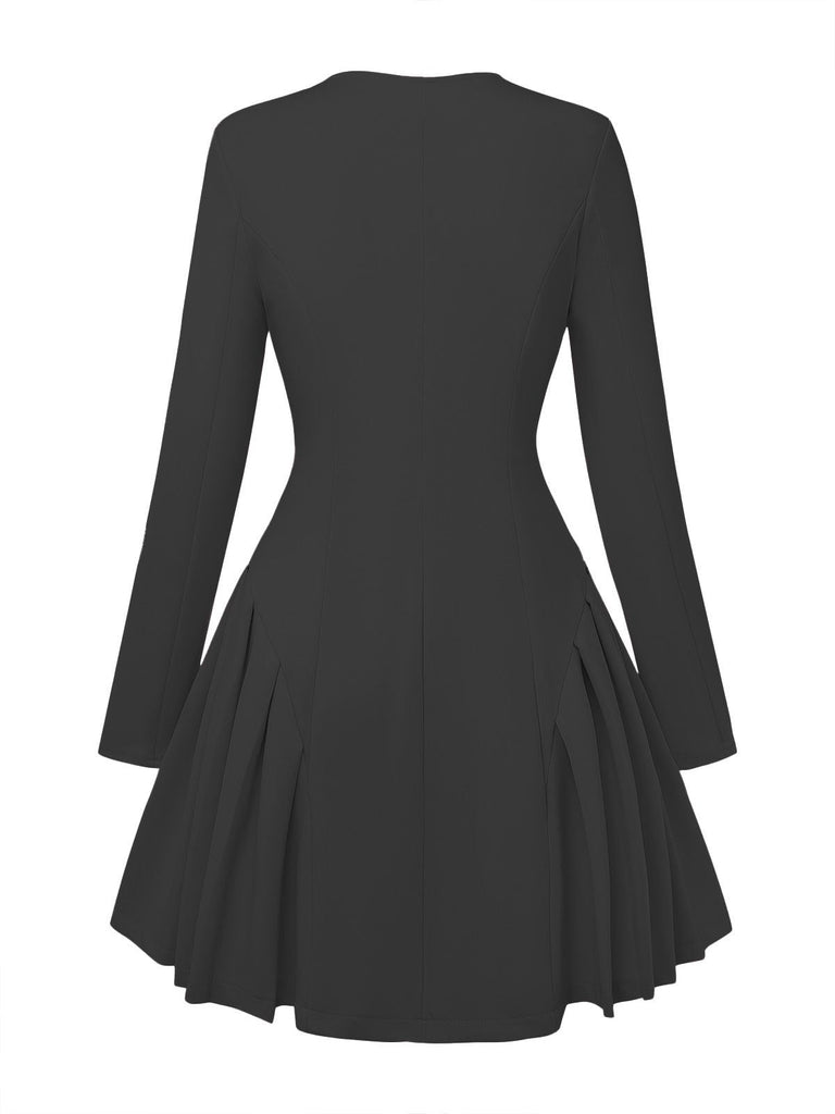 Robe Uni Plissée Manches Longues Col CœurAnnée 1950