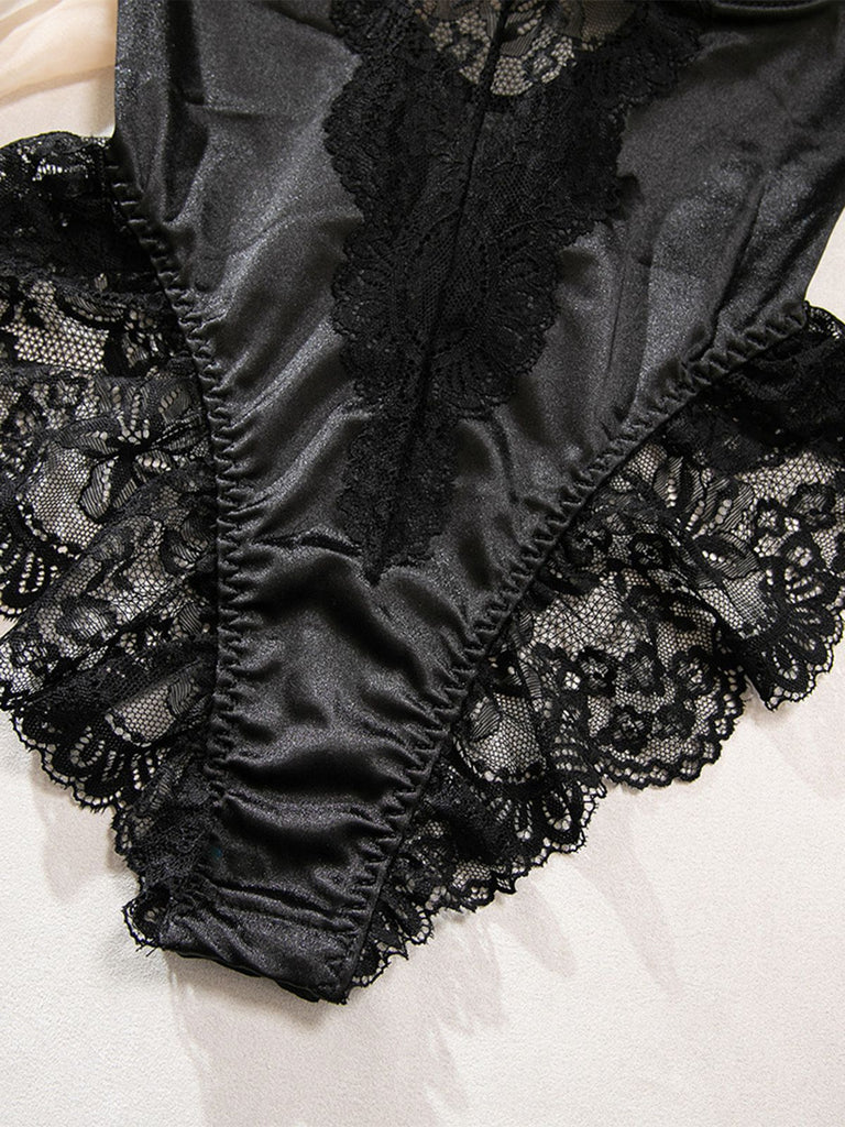 [Prévente] Nuisette noire en satin dentelle armatures bas assortis années 1980