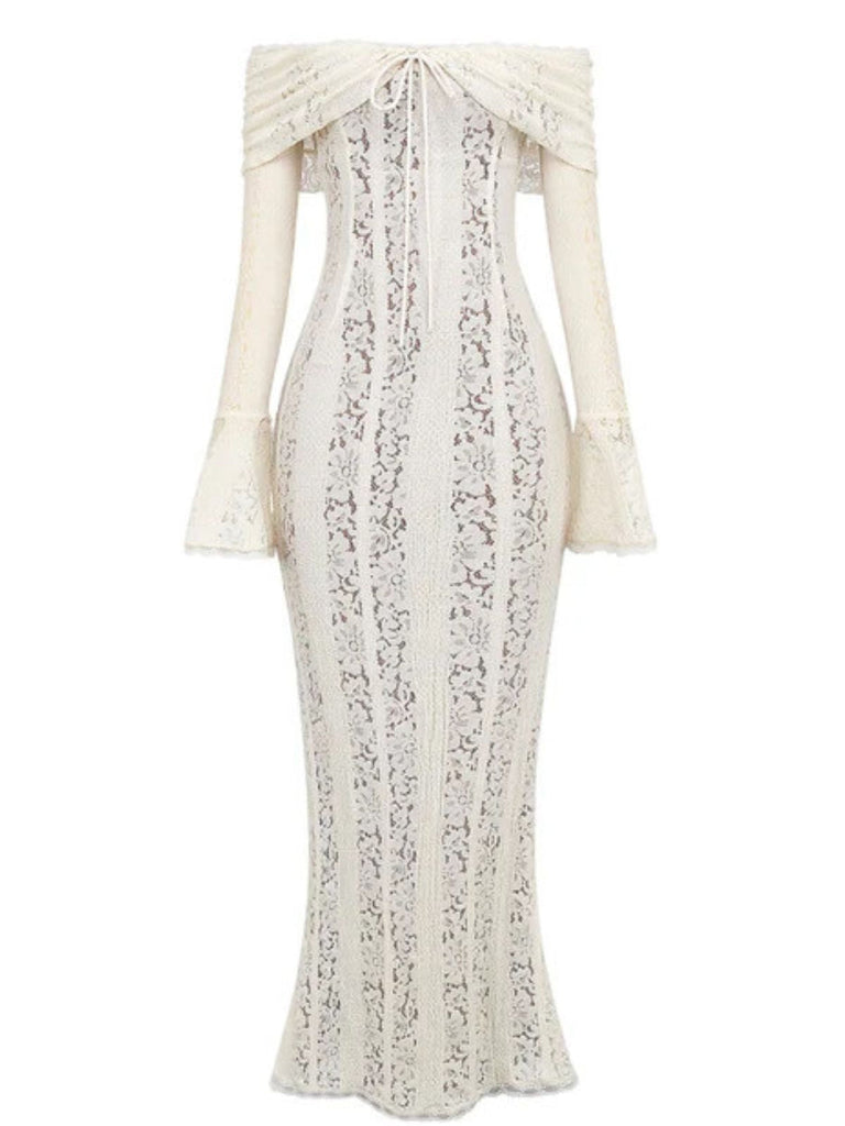 Robe sirène maxi en dentelle à épaules dénudées et manches évasées années 1930