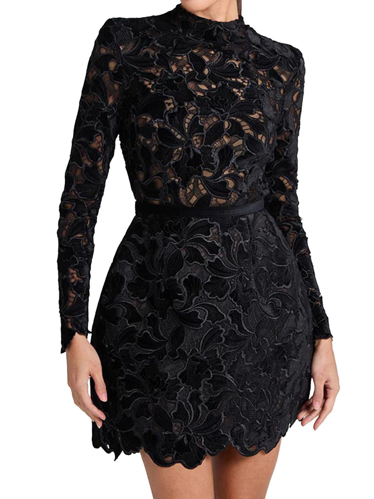 Robe col roulé mi-long en dentelle florale floquée années 1960