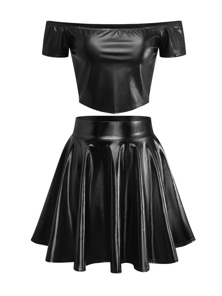 2PCS Haut disco métallisé à épaules dénudées et jupe plissée années 70