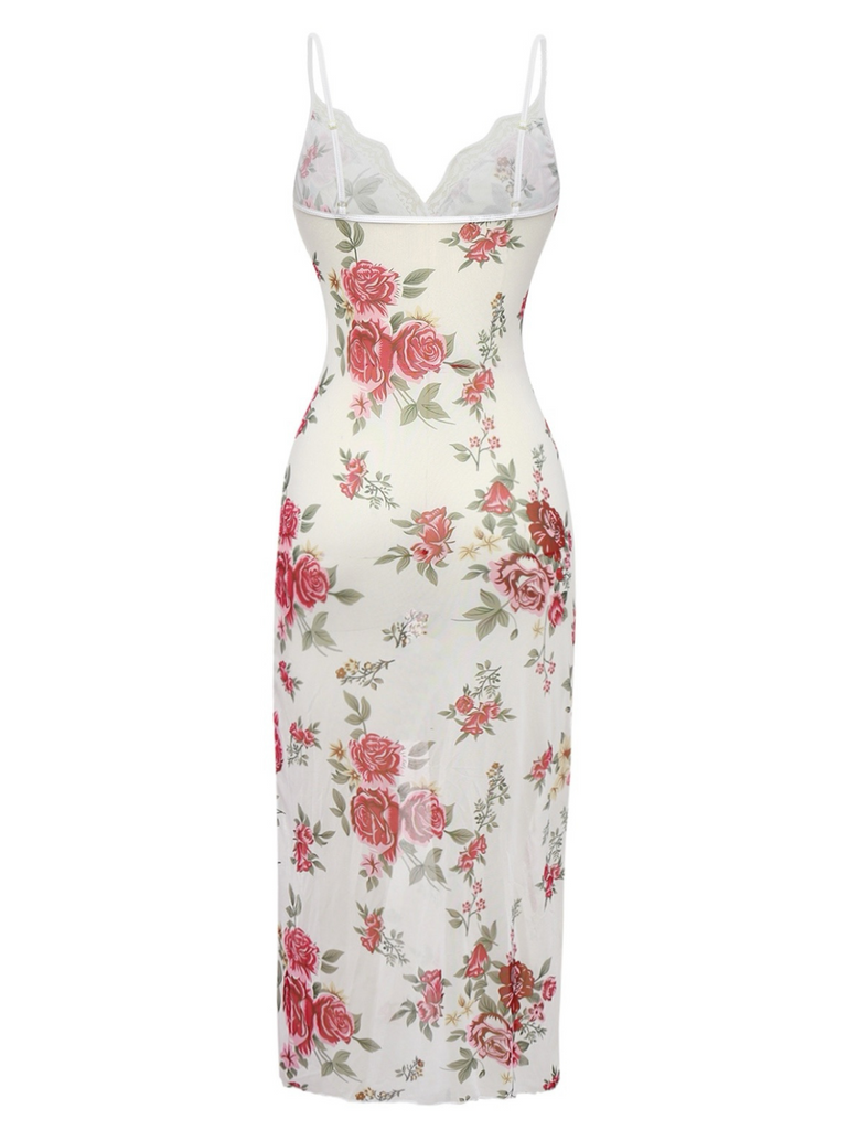 Chemise de nuit bordures en dentelle roses à bretelles années 1930
