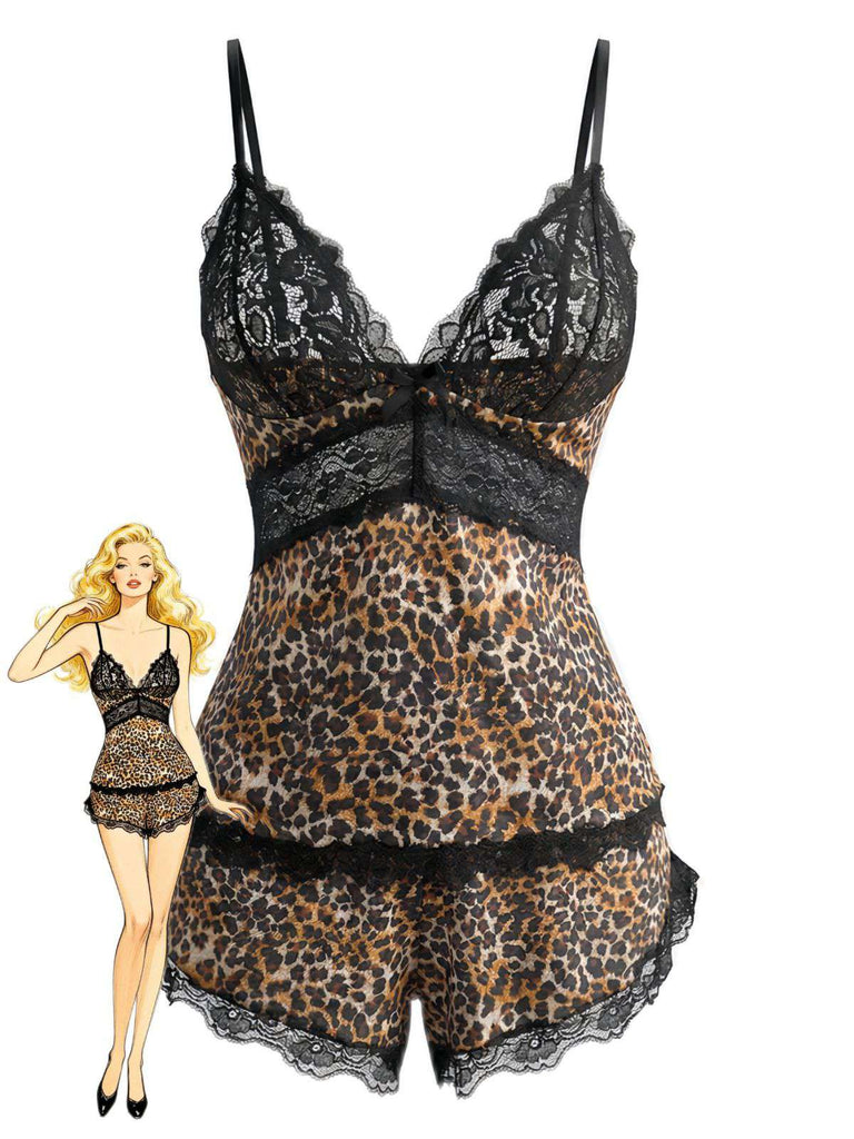 Ensemble De Pyjama Dentelle Léopard Bretelles Fin Marron Année 1970