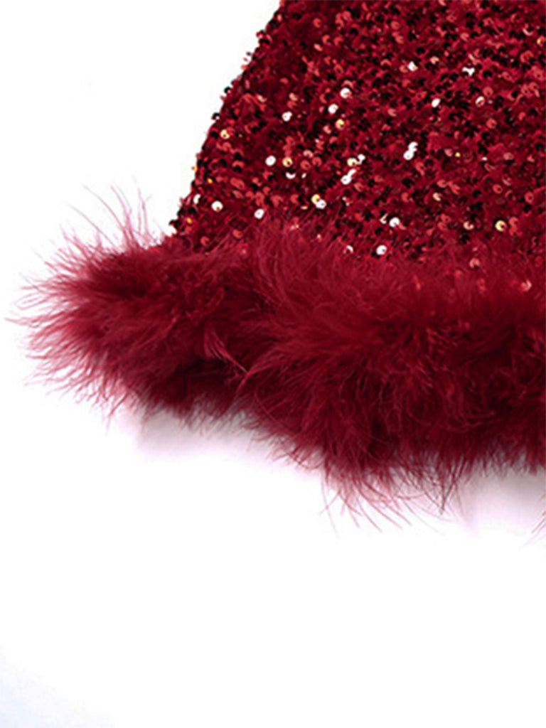 Robe courte lie-de-vin bustier à sequins et plumes années 1980 - 4