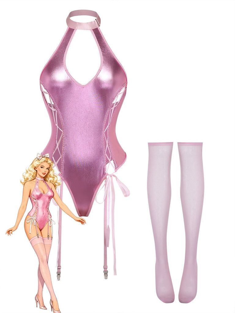 Ensemble De Lingerie Body Bretelles Nues Cuir Verni À Lacets Année 1980