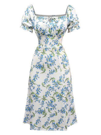 Robe verte et bleu à nœud papillon fleuri des années 1940