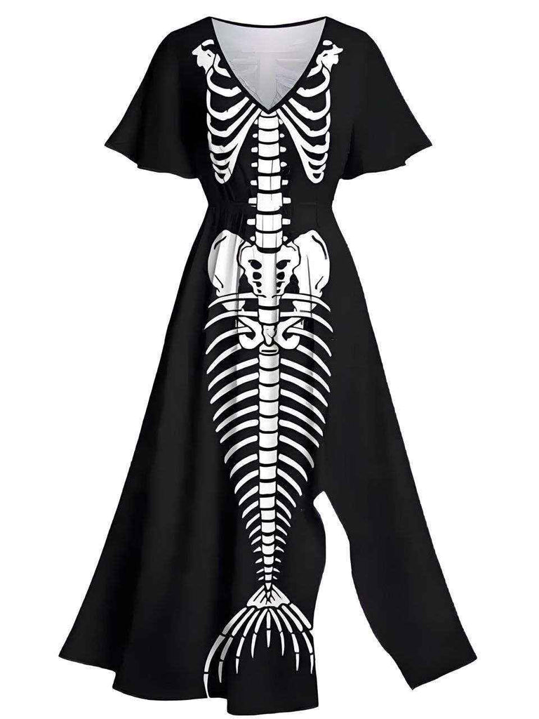 [Prévente] Robe longue fendue noire imprimé squelette d'Halloween des années 1950