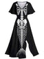 [Prévente] Robe longue fendue noire imprimé squelette d'Halloween des années 1950