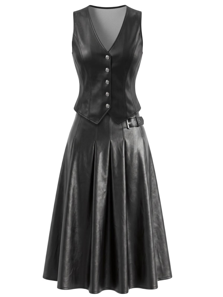2PCS Gilet court noir PU à col V et jupe années 1970