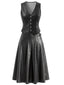 2PCS Gilet court noir PU à col V et jupe années 1970
