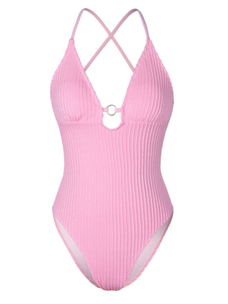 Maillot de bain rose à bretelles texturées unies des années 1950