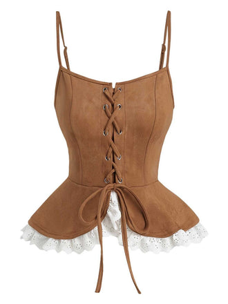 Haut corset en daim marron à lacets des années 1950