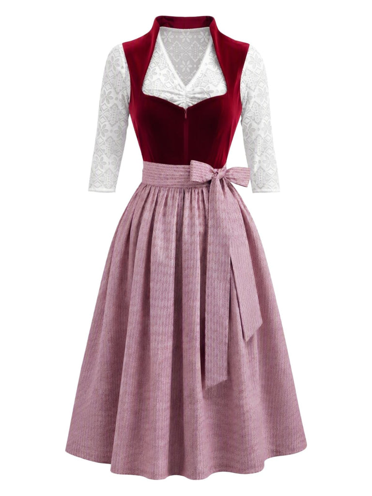 Ensemble bordeaux avec robe en velours à décolleté cœur, tablier et top blanc Années 1950